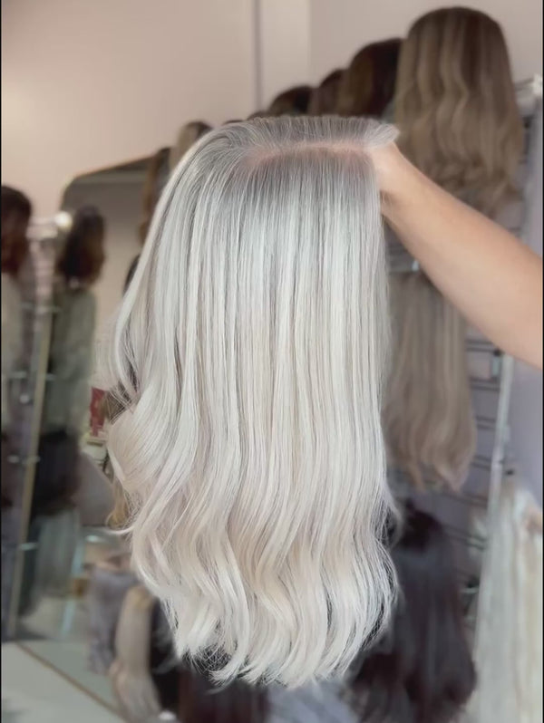Luna Light 14″  Silver Human Hair Lace Topper (Holding Video)