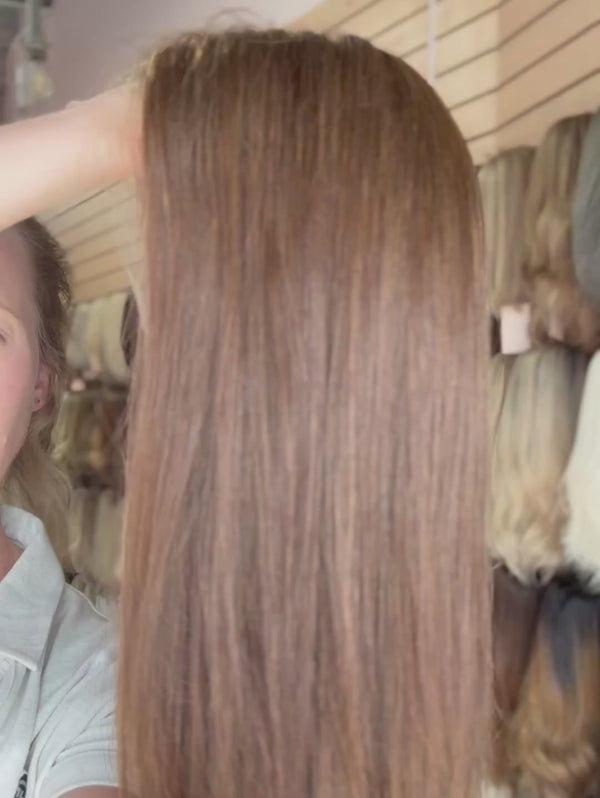 Amber 16″ | Brunette Human Hair Wig (Holding Video)